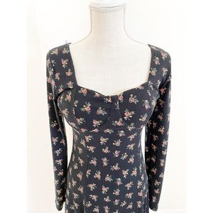 HerShe Womens Black Floral A-Line Dress Long Sleeve Midi Casual Medium